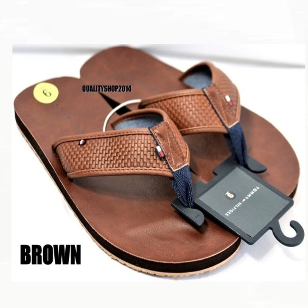 Tommy Hilfiger Men's Brown Faux Leather Flip Flop